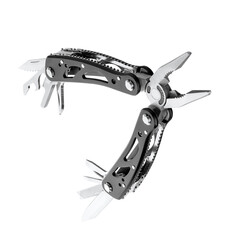 Steel multitool isolated on white background. Opened multitool with pliers, file, blade, screwdriver, bottle opener and saw, with a white background. Multi tool with expanded tools and pliers