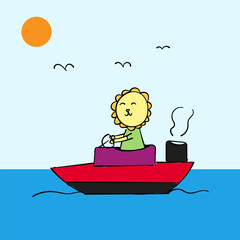 Cute Lion on boat vector design for wallpaper, background, fabric and textile