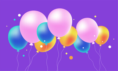 Vector holiday illustration of shine air balloon on color background with confetti. Design of fly air balloon for web, happy birthday greeting card