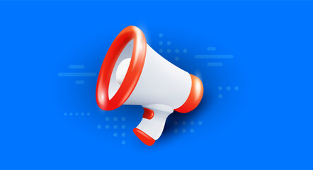 Vector business illustration of megaphone on blue color background with shadow. 3d style design of white and red megaphone