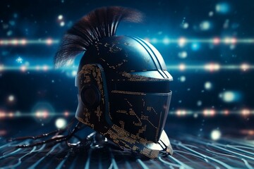 Digital network protection featuring spartan helmet on abstract tech background. Generative AI