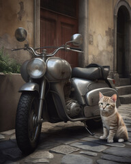 Generative AI, a cat near a motorcycle on an old italian street, a postcard in a photorealistic style, a trip on a motorbike, paving stones, stone houses, architecture, a cute pet, journey, vintage
