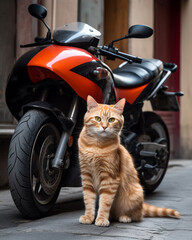 Generative AI, a cat near a motorcycle on an old italian street, a postcard in a photorealistic style, a trip on a motorbike, paving stones, stone houses, architecture, a cute pet, journey, vintage