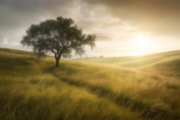 Fototapeta na wymiar solitary tree standing in a vast grassland. Generative AI