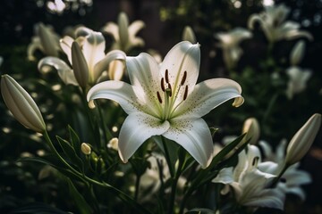 White lily blooming with many petals in a garden. Generative AI