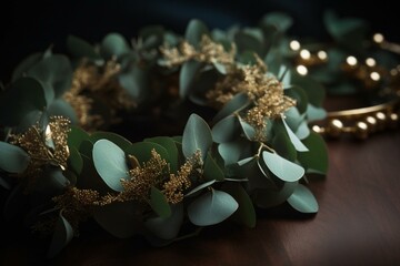 Gold wreath with green eucalyptus leaves for wedding decoration. Generative AI