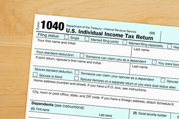 US federal 1040 tax return form on a desk