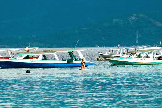Scuba divers boat above the ocean on Gilli Trawangan Island, Bali, Indonesia, Asia