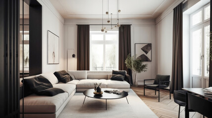 Naklejka na ściany i meble Interior of a living room in modern country house or apartment. Minimalism, light furniture, panoramic windows with dark curtains