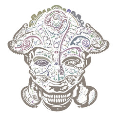 Traditional ancient aztec mask. Isolated on white. Striped lines design. Linear Vector illustration.