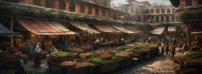 A Grand Marketplace With Bustling Vendors Panoramic Background. Generative AI