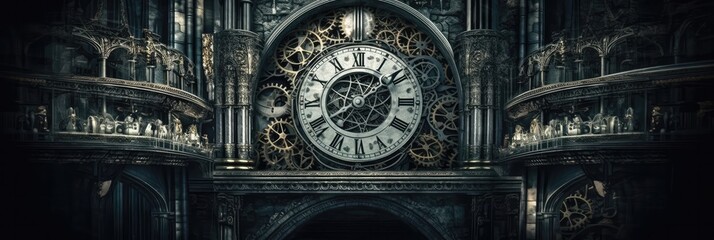 A Massive Clock Tower With Intricate Gears Panoramic Background. Generative AI