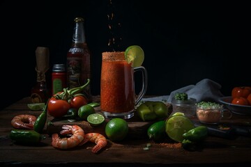 Obraz na płótnie Canvas Michelada preparation: beer in glass with cucumber, shrimp, chamoy, celery, and clamato. Generative AI