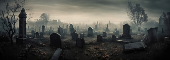 A Massive Graveyard With Haunting Spirits Panoramic Background. Generative AI - obrazy, fototapety, plakaty