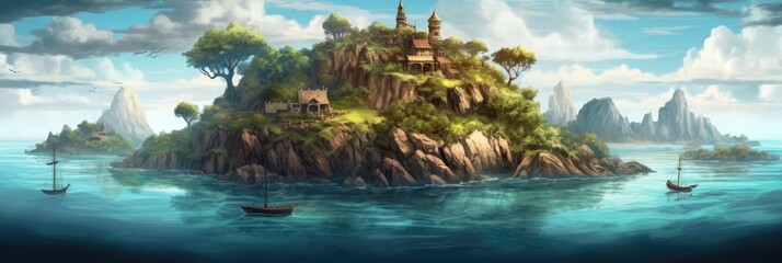 A Mysterious Island With Hidden Treasures Panoramic Background. Generative AI