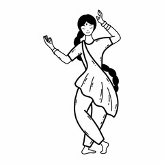 Beautiful woman from India is dancing traditional dance. Vector doodle illustration.