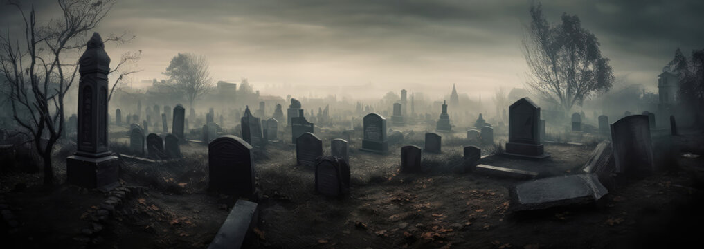 A Massive Graveyard With Haunting Spirits Panoramic Background. Generative AI