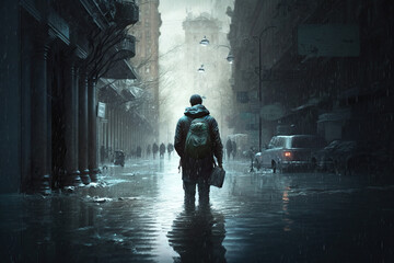 Plakat A person walking through a flooded city street, er, created with Generative AI technology