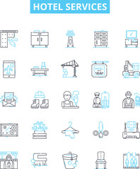 Hotel services vector line icons set. Accommodation, Amenities, Restaurants, Catering, Spa, Pool, Swimming illustration outline concept symbols and signs