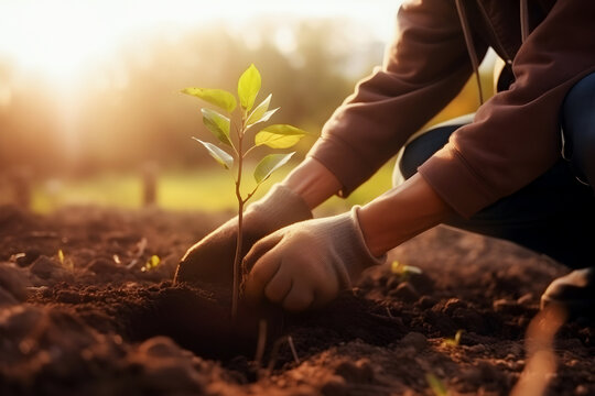 With two hands, a woman plants seedlings in the ground. Sunny evening, agriculture concept