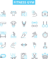 Fitness gym vector line icons set. Fitness, Gym, Exercise, Workout, Training, Strength, Bodybuilding illustration outline concept symbols and signs