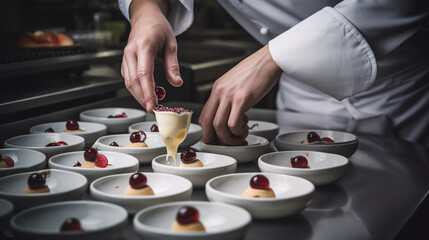 Fototapeta na wymiar chef preparing dessert in a restaurant kitchen. Generative Ai
