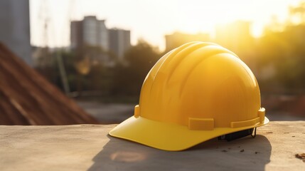 Yellow hard hat on construction site, Labour Day, Generative Ai