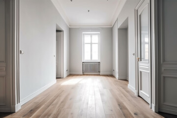 an empty room with white walls and wooden floors. Generative Ai