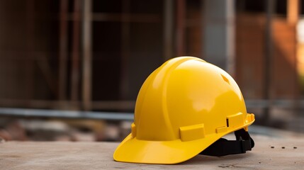 Yellow hard hat on construction site, Labour Day, Generative Ai