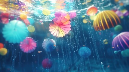 Generative AI illustration seabed surrounded by life and colorful corals and jellyfish
