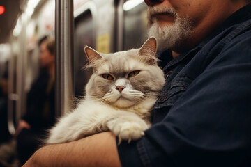a man holding a cat on a subway train. Generative Ai
