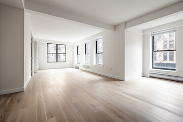an empty room with hardwood floors and windows. Generative Ai