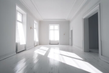 Obraz na płótnie Canvas empty white room with sunlight coming in from the window. Generative Ai