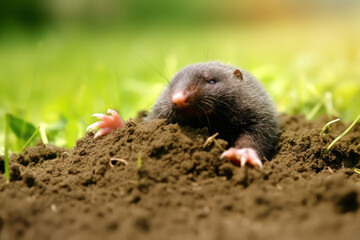 mole on molehill in garden grass. generative AI