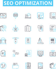 SEO optimization vector line icons set. SEO, optimization, ranking, content, visibility, backlinks, traffic illustration outline concept symbols and signs