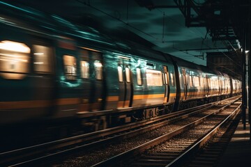 Fototapeta na wymiar Speeding train rushes through night with blurry motion and bright front light. Generative AI