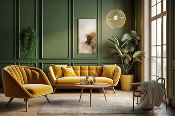 Obraz premium Cozy interior design of modern living room with yellow sofa and armchair. Created with generative AI