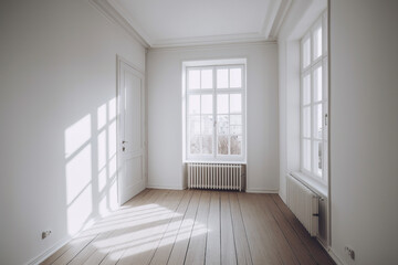 empty room with white walls and wooden floor. Generative Ai