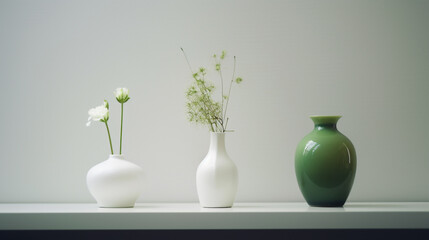 there are three vaseon a white background on a shelf are three vases with flowers. Generative Ais with flowers in them on a shelf