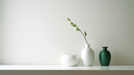 minimalism on a white background are three vases on a white table. Generative Ai