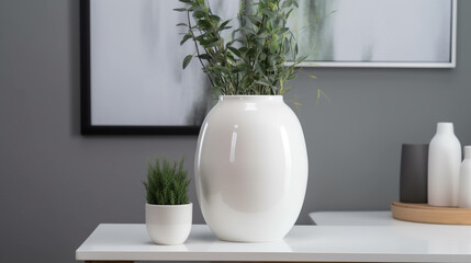 a white vase with plants on a table. Generative Ai