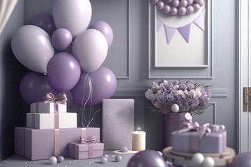 purple birthday decor - gifts, toys, balloons for a children's party. generative AI