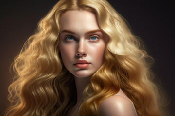 Fototapeta premium portrait of a beautiful girl model with light golden wavy hair. Generative AI