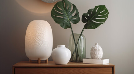 a nightstand with a lamp and a plant on it. Generative Ai