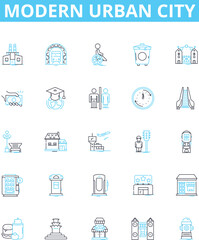Modern urban city vector line icons set. Urban, Modern, City, Skyscrapers, Metropolis, Subway, Crowds illustration outline concept symbols and signs