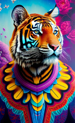 a illustration of a tiger wearing a colorful outfit, generative ai