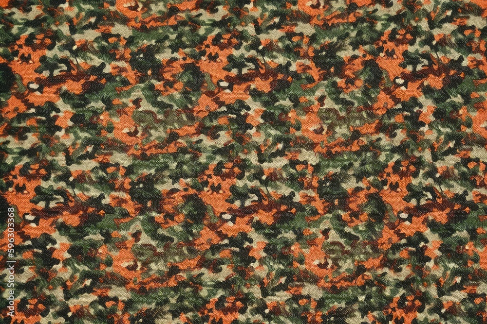 Poster an orange and green camouflage print fabric. Generative AI