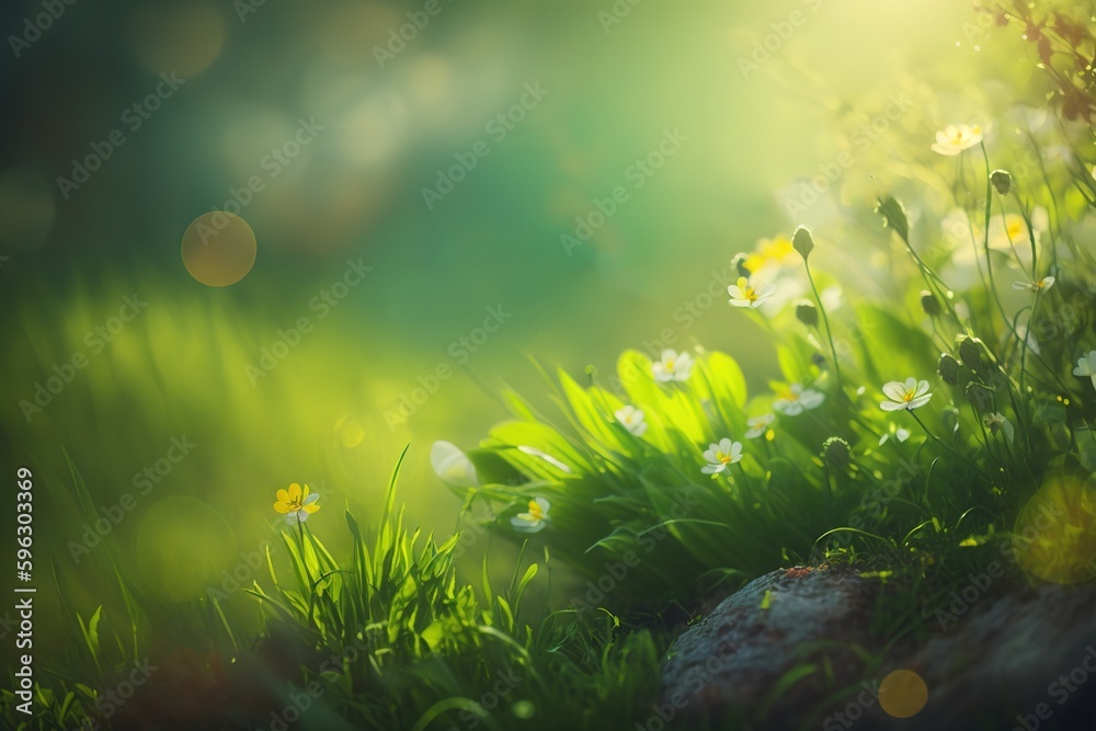 Wall mural bokeh effect over green grass and wildflowers in the springtime. generative ai