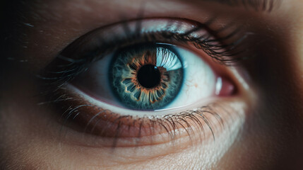 Fototapeta premium a close up of a woman's eye with blue iris. Generative Ai