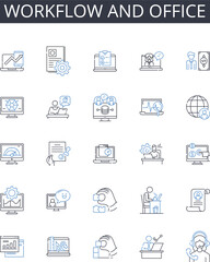Fototapeta na wymiar Workflow and office line icons collection. Business and commerce, Creativity and imagination, Efficiency and productivity, Marketing and advertising, Digital and technology, Education and learning
